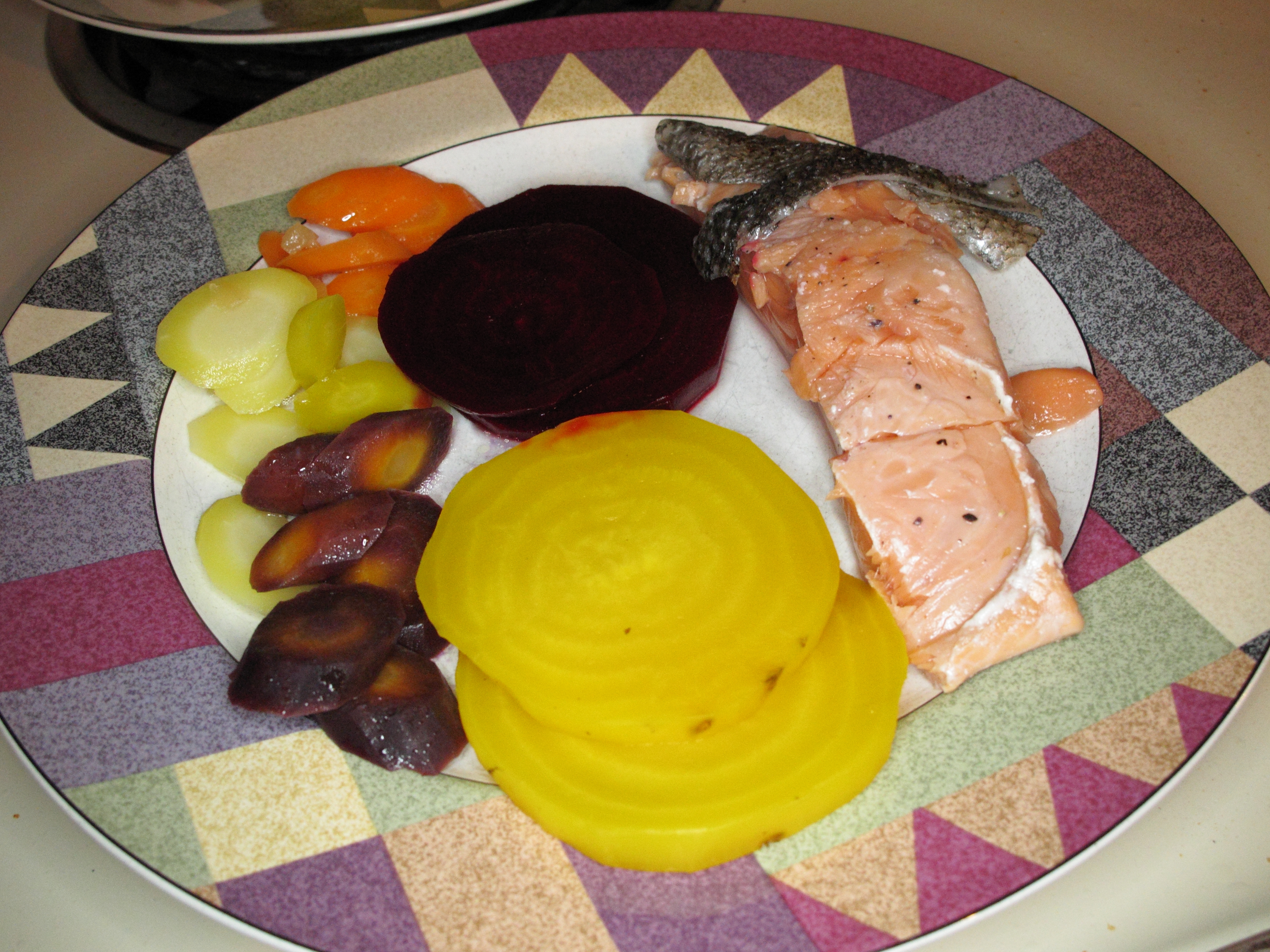 Sous-vide salmon, carrots, and beets